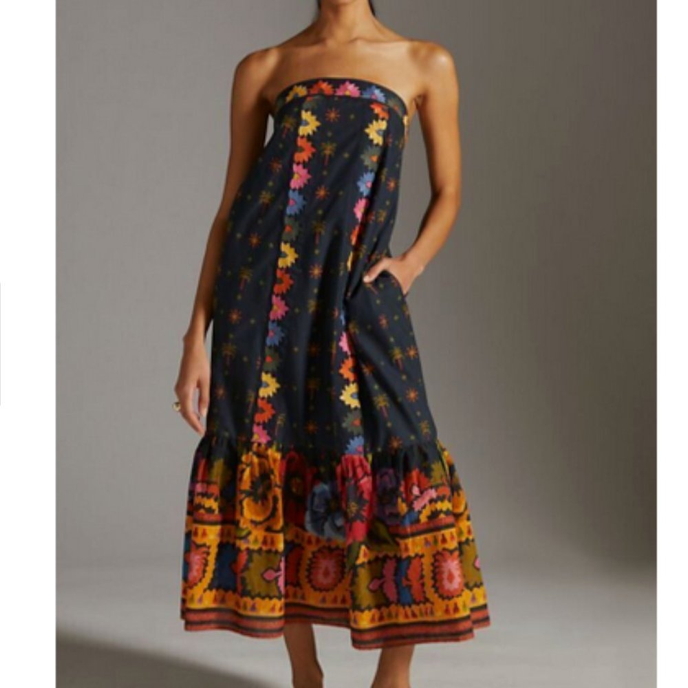 Farm Rio Anthropologie L NWT Embroidered Maxi Dress Black Embroidery 260$ Large - Picture 2 of 13